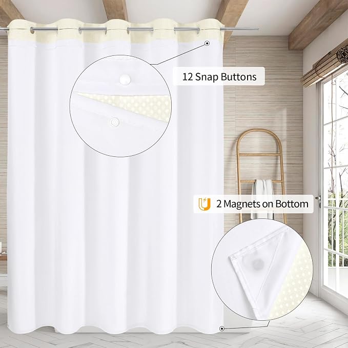 MitoVilla No Hooks Needed Ivory Waffle Shower Curtain Liner Set, Modern Waffle - Image 2