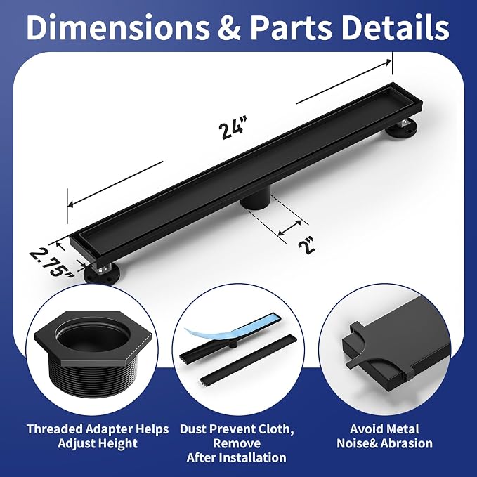 Linear Shower Drain 24", Matte Black Floor Drain - Image 2