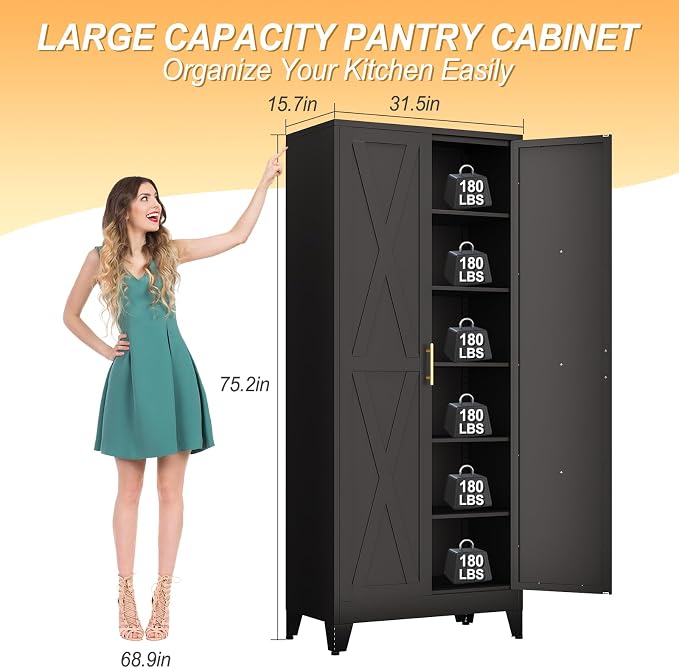 75" Tall Metal Kitchen Pantry Storage Cabinet, Freestanding Cupboard - Image 3