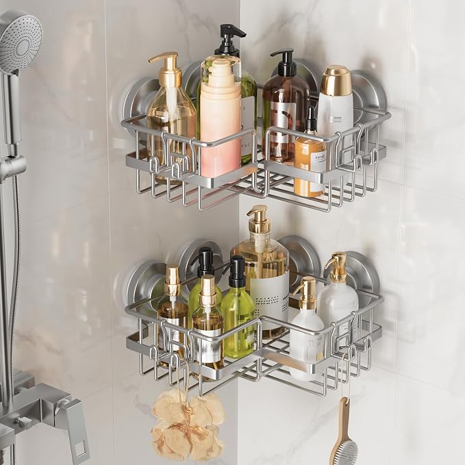 LEVERLOC Corner-adaptive Suction Cup Shower Caddies 2 Pack, Stainless Steel by LEVERLOC