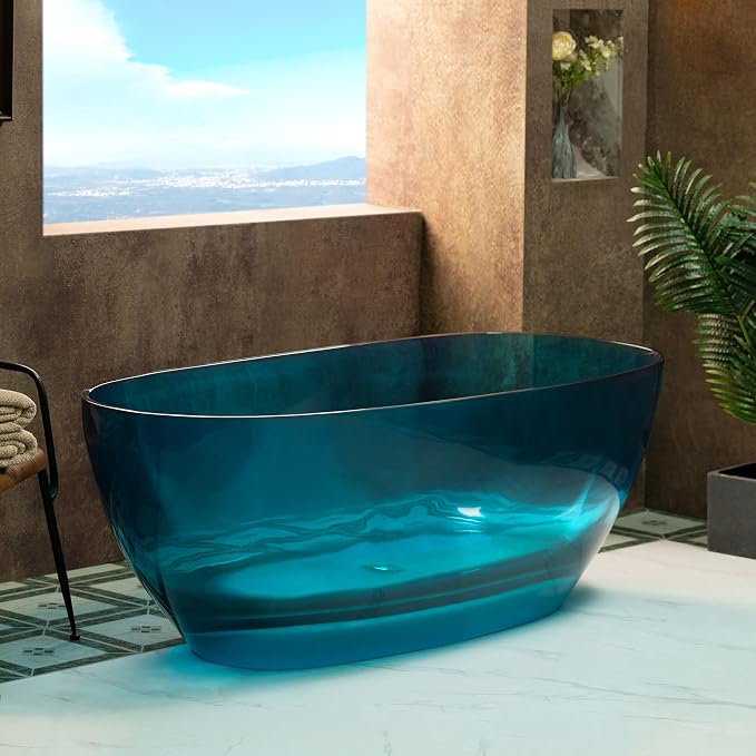 WOODBRIDGE 63" L x 28-3/8" W Transparent Blue Stone Resin Freestanding Soaking - Image 13