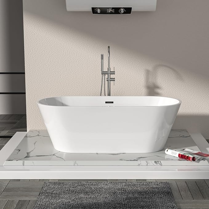 Logmey 67 Inch White Acrylic Freestanding Bathtub Oval Shape Soaking Tub - Image 2