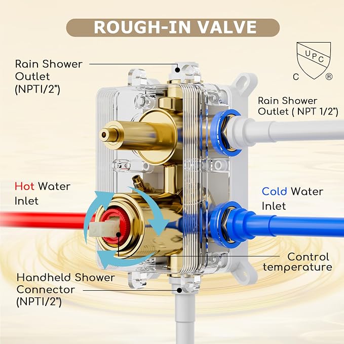 Dual Shower System Brushed Gold, Five Functions Knob Diverter Rainfall Shower - Image 6