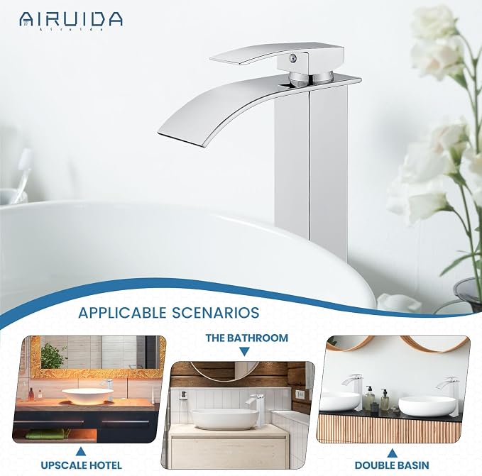 Airuida Tall Bathroom Vessel Faucet Chrome Polish Waterfall Bathroom Single - Image 5
