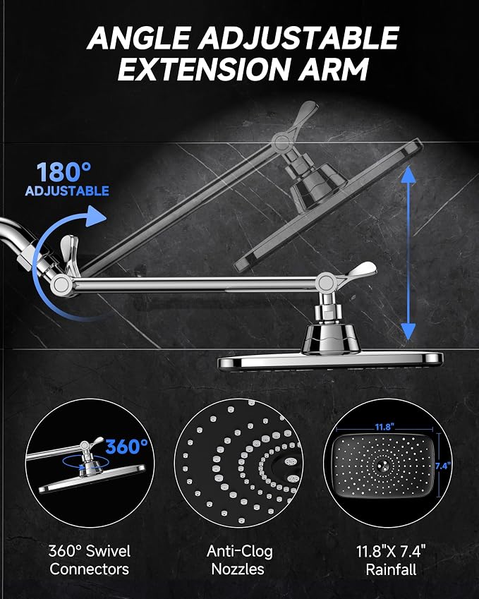 Veken 11.8" Rain Shower Head, Rectangular Rainfall Showerhead - Image 3