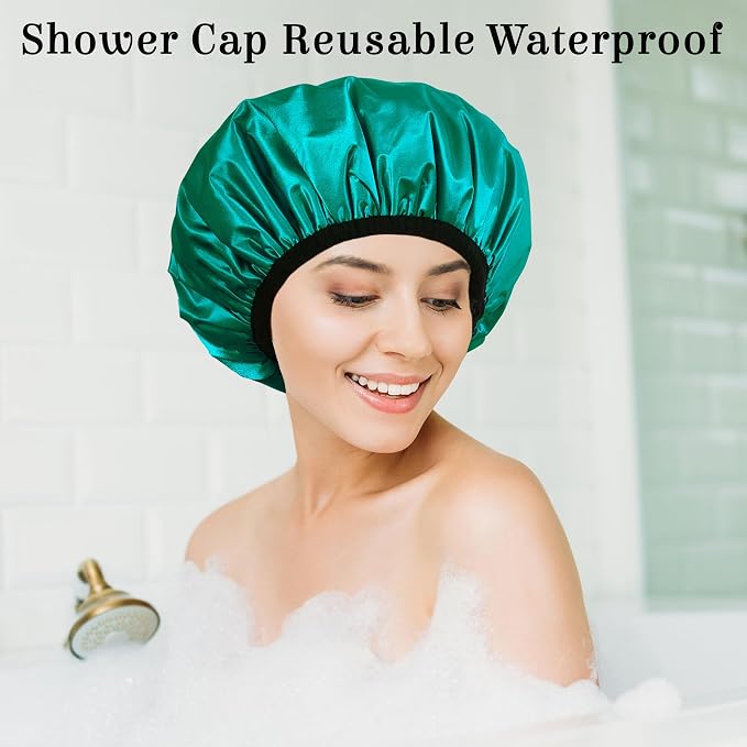 Shower Cap Reusable Waterproof, Terry Lined Shower Caps - Image 3