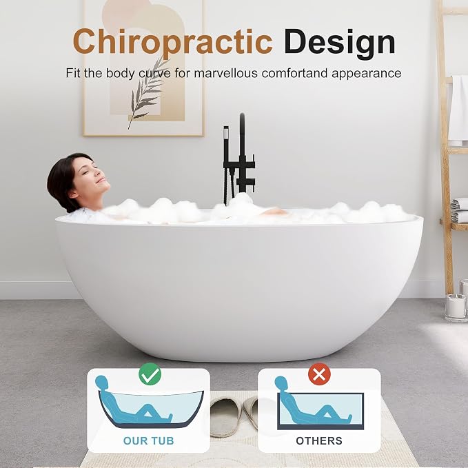 SJ STAR&JANE 61" Solid Surface Freestanding Bathtub, Oval Soaking Tub - Image 6