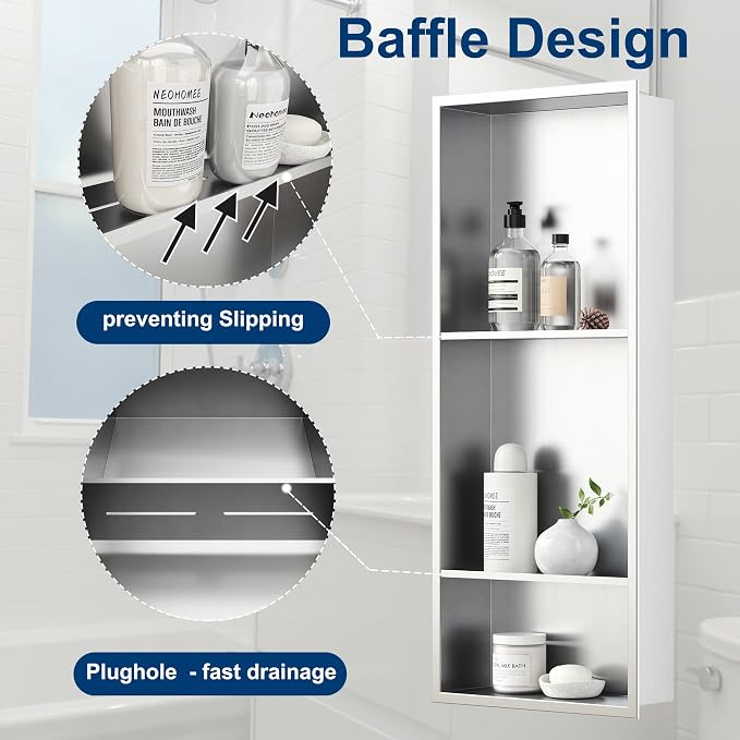 Neodrain 12X30 Inch Brushed Three Layers Stainless Steel Shower Niche, NO Tile - Image 6