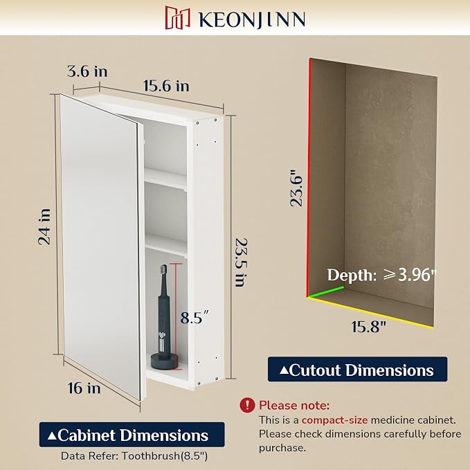 Keonjinn 16 x 24 Inch White Medicine Cabinet Mirror, Assembly Required - Image 2
