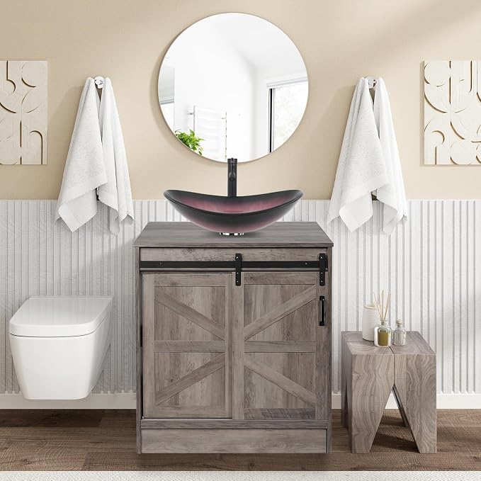 30" Barn Door Bathroom Vanity, Farmhouse Style Standing Pedestal Cabinet by Solidee
