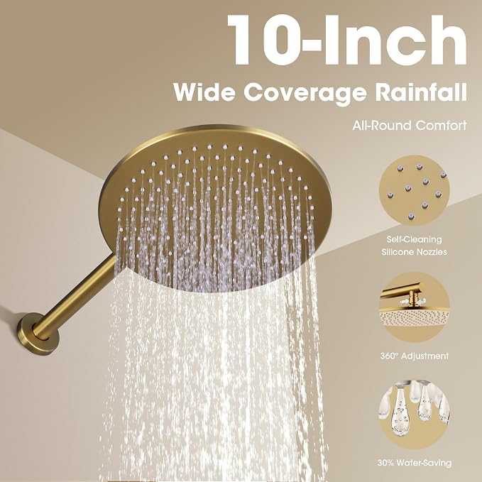 TRUSTMI Push Button Shower System, Brushed Brass Gold 10 Inch Rainfall Shower - Image 4