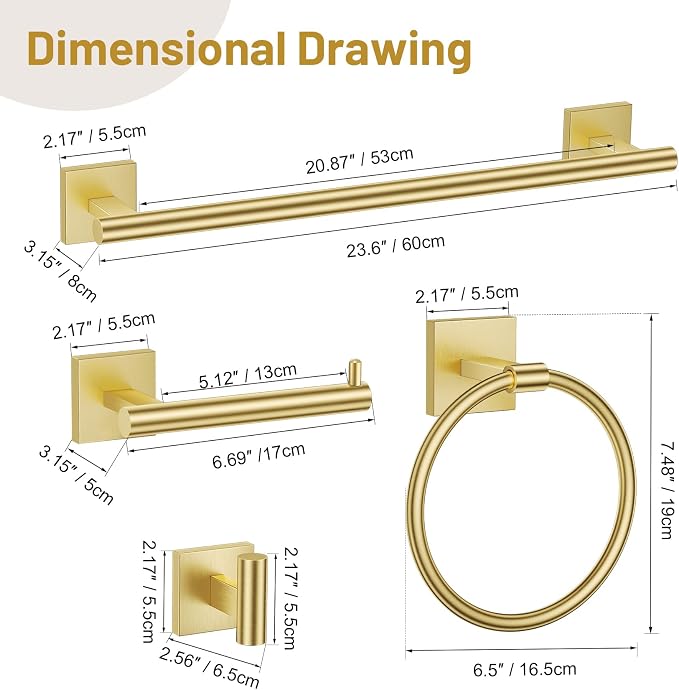 5 Pieces Bathroom Hardware Set Brushed Gold Towel Bar Set Includes 23.6” Towel - Image 7