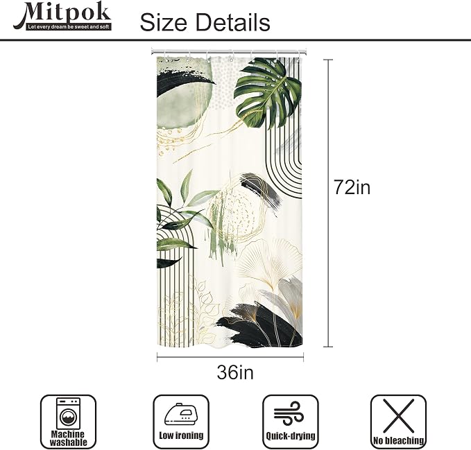 Grey Green Boho Small Shower Curtain 36Wx72H Stall RV Narrow Tropical Palm - Image 4