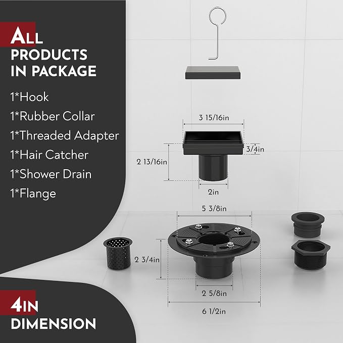 WEBANG 4 Inch Square Shower Drain Black Floor Drain - Image 2