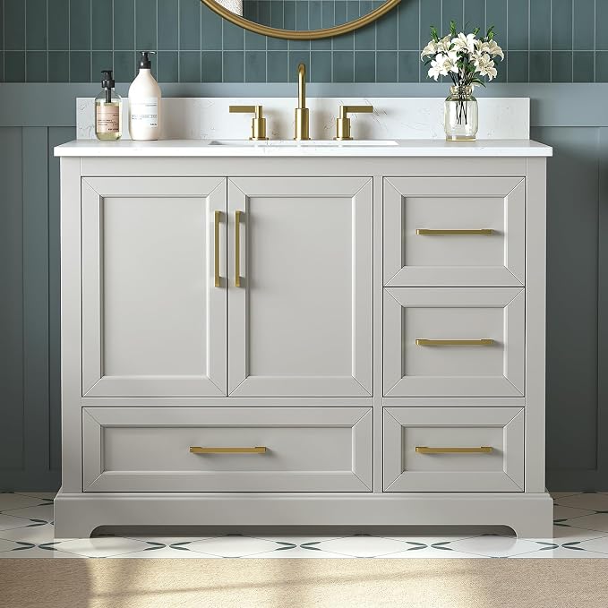 42 Inch Bathroom Vanity with Sink Combo, Solid Wood Frame with Marble Top by DELUXELIVING