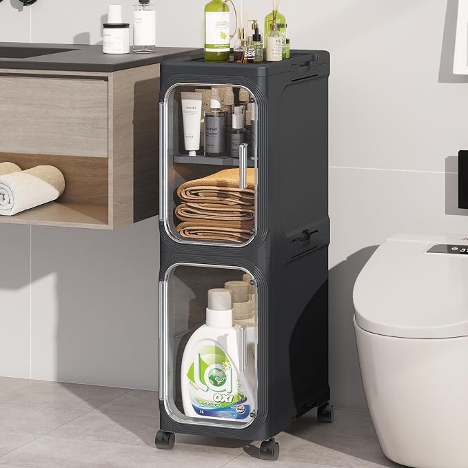 KHNR 2-Tiers Slim Bathroom Storage Cabinet, Foldable Storage Cabinets, Narrow by EnjoyYourLife