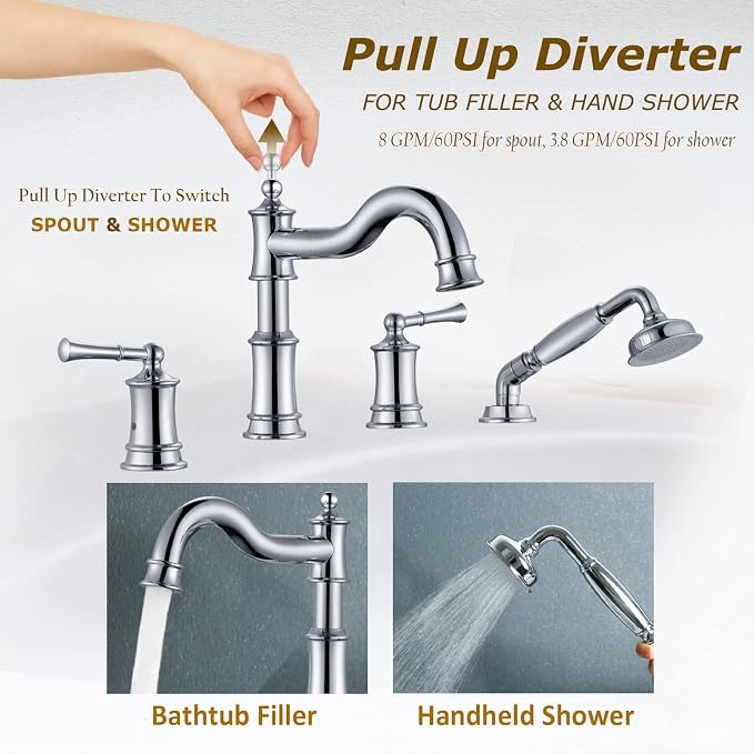 Roman Bathtub Faucet Set With Hand Shower 4 Hole Deck Mount Tub Filler With - Image 3