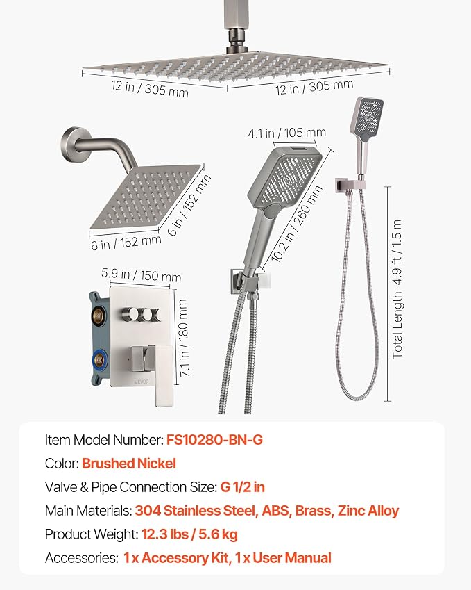 VEVOR Shower Faucet Set, 12 Inch Ceiling Mount Rainfall Shower System - Image 8