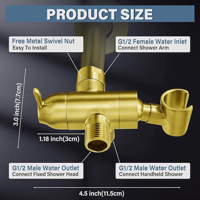 Metal Shower Arm Diverter with Handheld Mount, G1/2" 3-Way Shower Diverter - Image 5