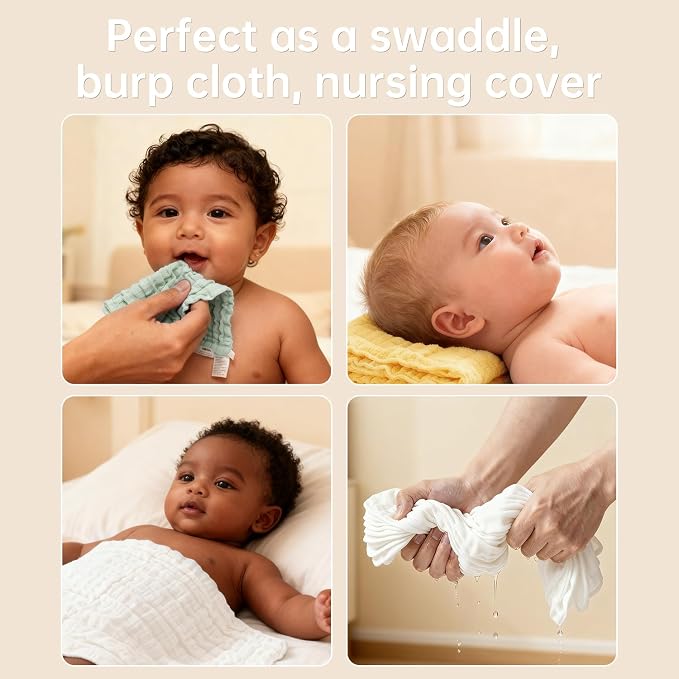 Organic Muslin Baby Washcloths 6 Pack Baby Bath Face Towel 12x12 Inch Extra - Image 3