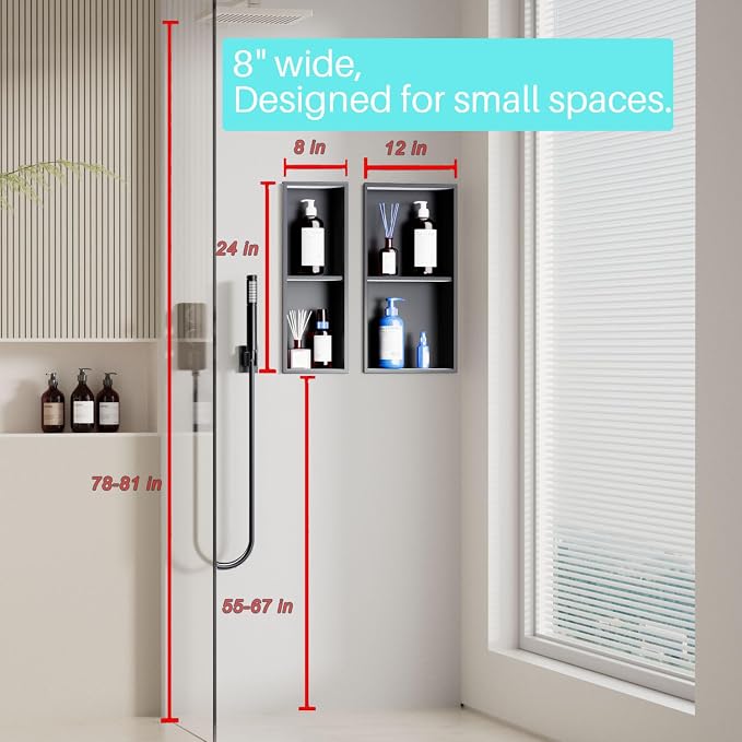 Narrow Shower Niche for Tiny Bathroom Storage, No Tile Needed, Recessed Wall - Image 2