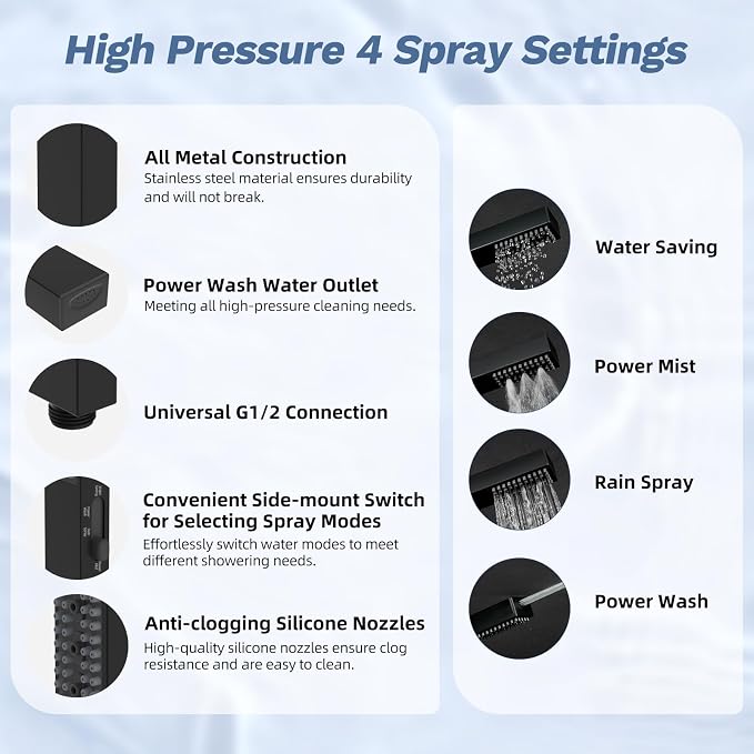 Hibbent 5-spray Filtered Rainfall Shower Head Combo, High Pressure 13'' - Image 3
