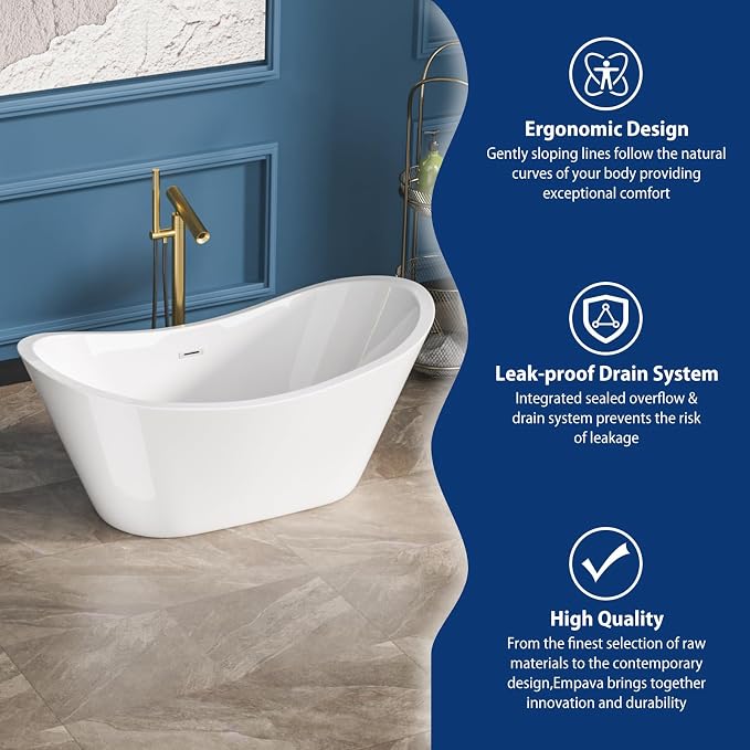 Sarlai 59 Inch Acrylic Freestanding Soaking Bathtub Contemporary Soaking White - Image 6