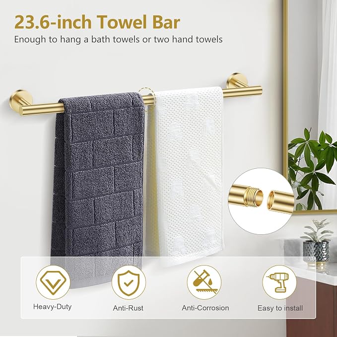 TQKAG 5 Piece Bathroom Towel Bar Holder Sets Brushed Gold Bathroom Hardware Set - Image 2