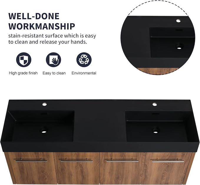 60” Wall Mounted Bathroom Vanity, Bathroom Cabinet - Image 3