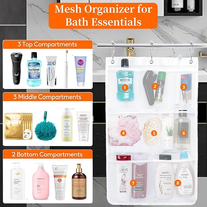 Bathroom Hanging Shower Organizer, 8 Pockets Mesh Shower Caddy - Image 3
