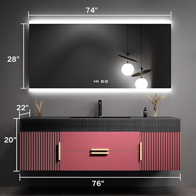 76" Bathroom Vanity with Single Sink, Floating Bathroom Vanities with LED Smart - Image 2
