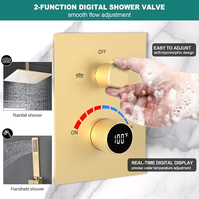 Temperature Display 2 Way Shower Valve Brass Rough-in and Rectangle Trim Kit - Image 3