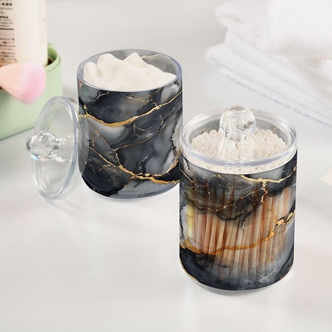 MNSRUU 2 Pack Qtip Holder Organizer Dispenser Abstract Black White Gold Marble - Image 4