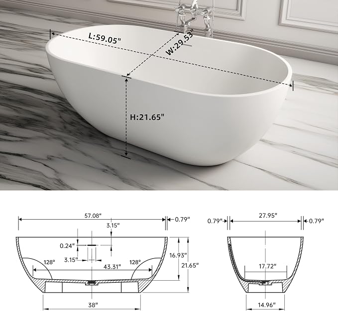 59 Inch Freestanding Bathtub Oval Shaped Solid Surface Resin Stone soaker - Image 3