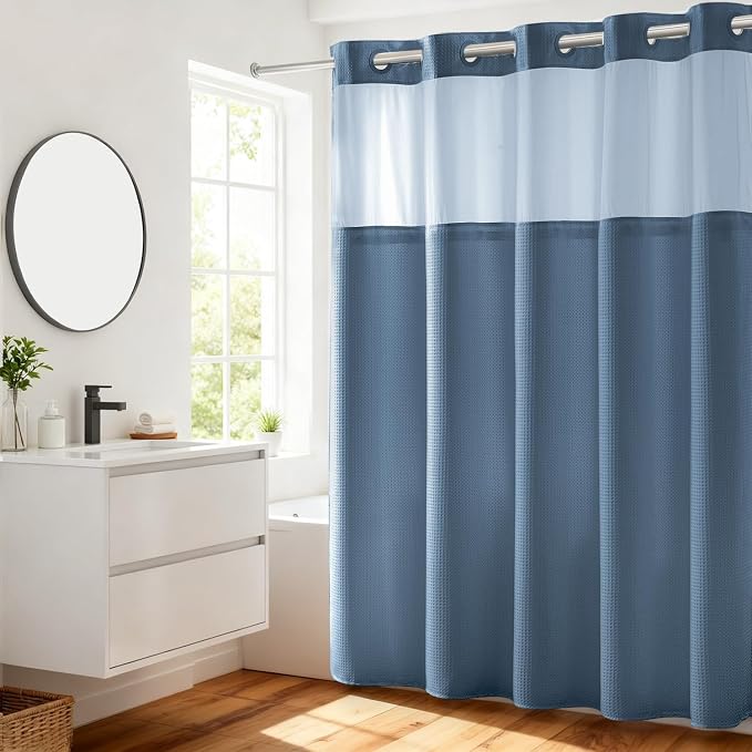 River Dream Blue Shower Curtain No Hooks Required Dotted Waffle Weave Shower by RiverDream