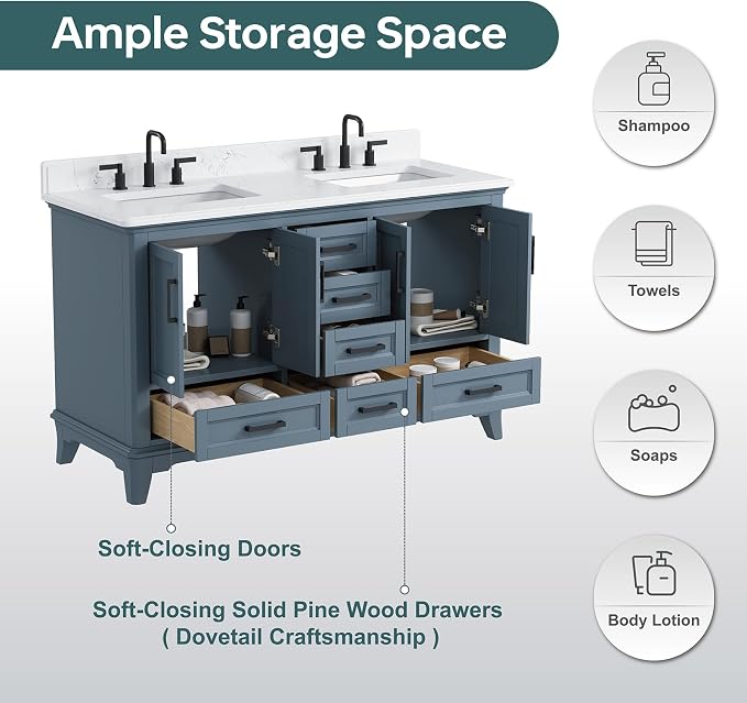 60 Inch Bathroom Vanity Double Sink, Fully Assembled Solid Wood Frame Double - Image 6