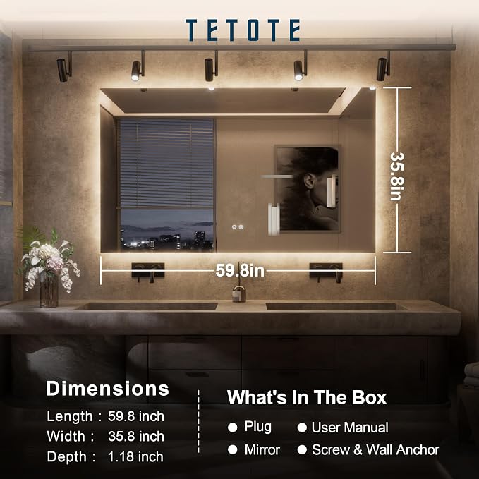 TETOTE 60 x 36 Inch LED Backlit Bathroom Mirror - Image 8