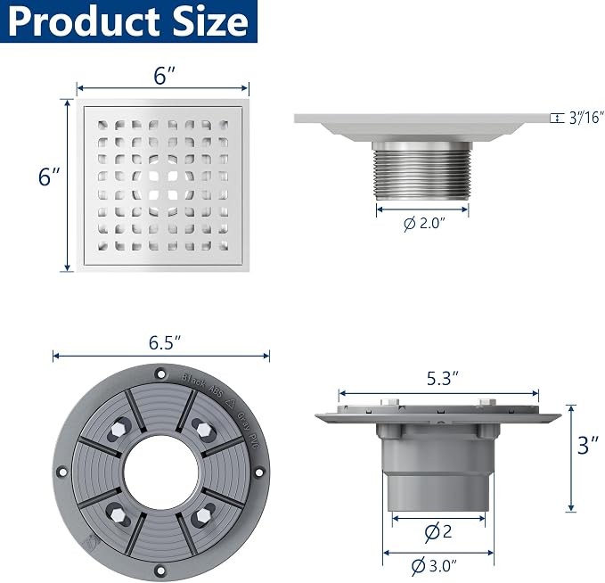 Neodrain Square Shower Drain, 6 inch Stainless Steel 304 Grate and PVC Drain - Image 2