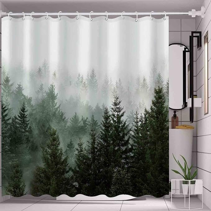 Aipon Green Misty Forest Shower Curtain Nature Tree Shower Curtain Set Dark - Image 5