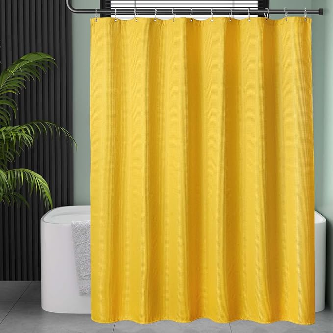 AmazerBath Waffle Shower Curtain, Bright Yellow Shower Curtain Fabric - Image 2