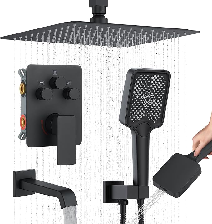 Bathtub Shower Faucet Set with Pressure Balance Valve, Matte Black - Image 8