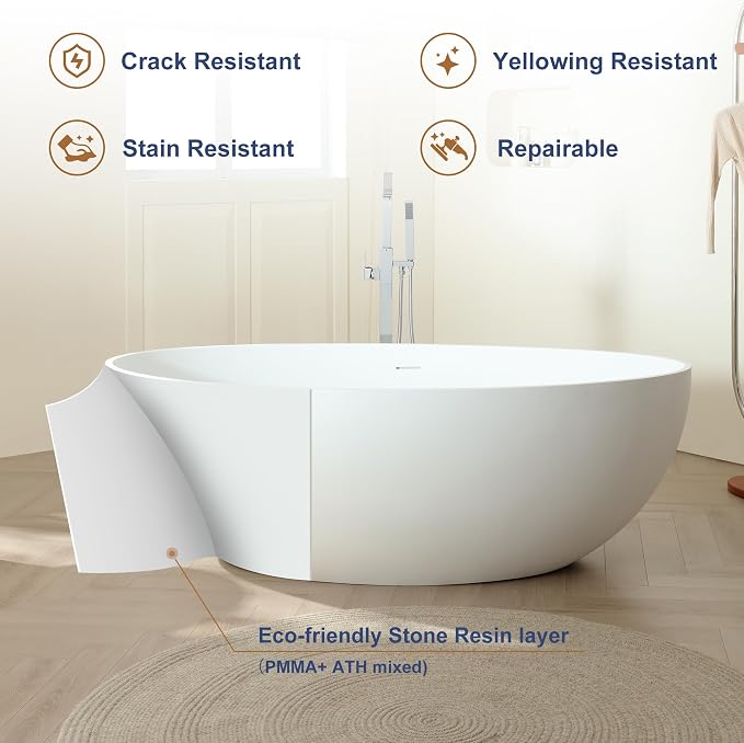 SJ STAR&JANE 67" x 39" Matte White Solid Surface Freestanding Bathtub, Oval - Image 8