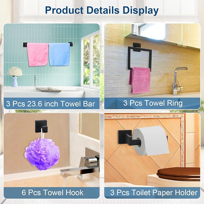 15 Pieces Bathroom Hardware Set, Matte Black Bathroom Accessories Set, Towel - Image 3