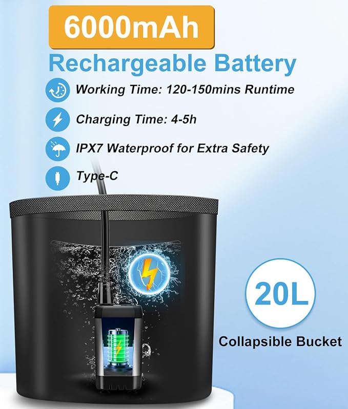 WADEO Portable Camping Shower, 6000mAh Rechargeable Shower Pump, Filtered - Image 3