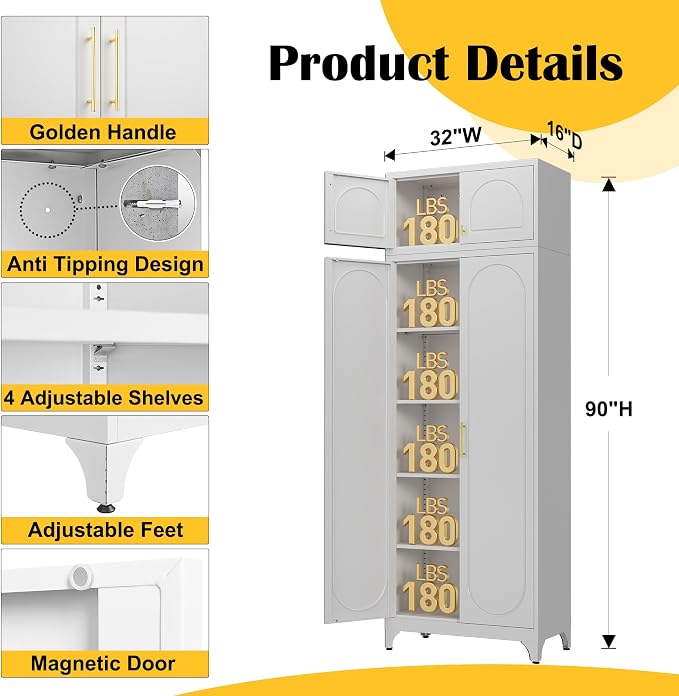 Metal Storage Cabinet and Wall Upper Storage Cabinet, 90Inch White Kitchen - Image 2