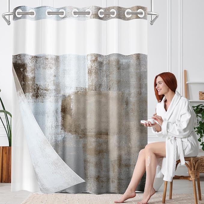 No Hook Grey Brown Painting Shower Curtain - Image 8