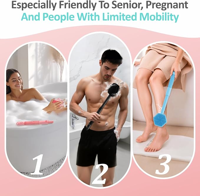 Silicone Back/Face Scrubber & Bath Glove Set 3PCS, Extendable Back Scrubber - Image 9