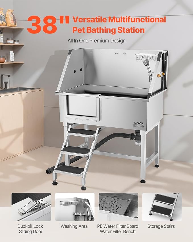 VEVOR 38 Inch Stainless Steel Dog Washing Station, Pet Grooming Tub - Image 2