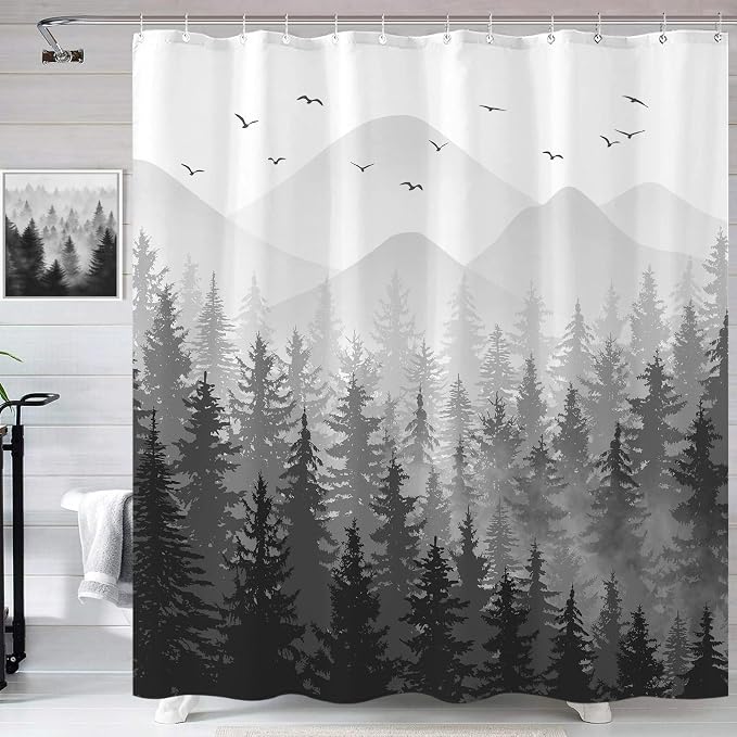 Aipon Black Misty Forest Shower Curtain Gray Ombre Nature Tree Plants Shower - Image 3