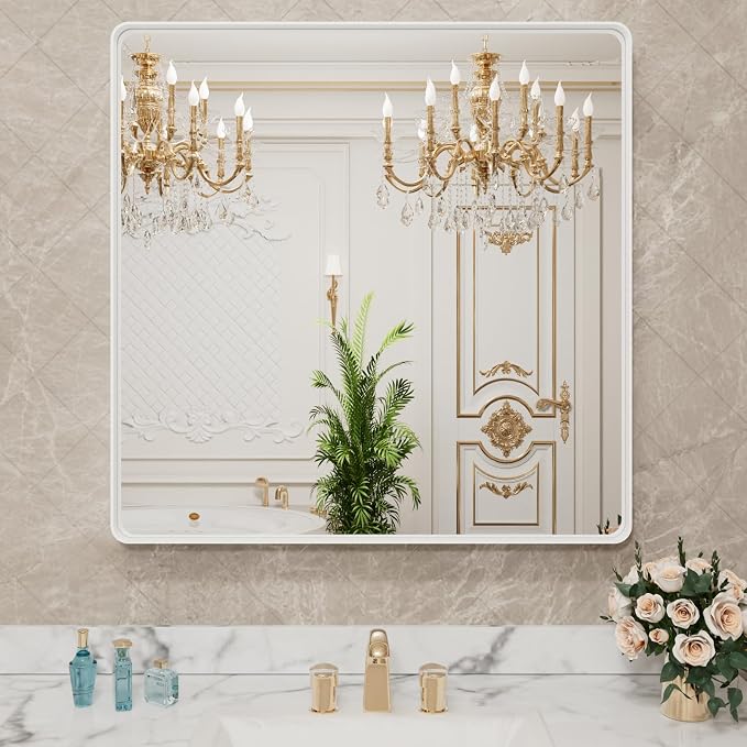 LOAAO 36x36 Inch White Metal Framed Bathroom Mirror by LOAAO